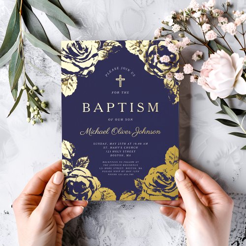 Elegant Navy Blue Gold Floral Boy Baptism  Foil Invitation