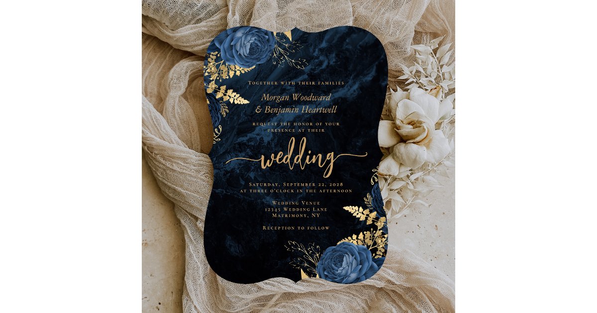 Elegant Navy Blue Gold Floral Bracket Wedding Invitation | Zazzle