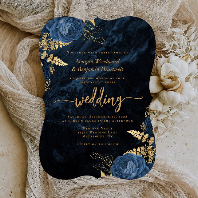 Elegant Navy Blue Gold Floral Bracket Wedding Invitation | Zazzle