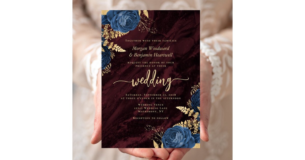 Elegant Navy Blue Gold Floral Burgundy Wedding Invitation | Zazzle