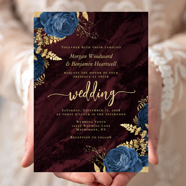 Elegant Navy Blue Gold Floral Burgundy Wedding Invitation | Zazzle
