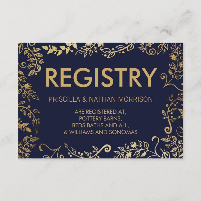 Elegant Navy Blue Gold Floral Gift Registry Enclosure Card (Front)