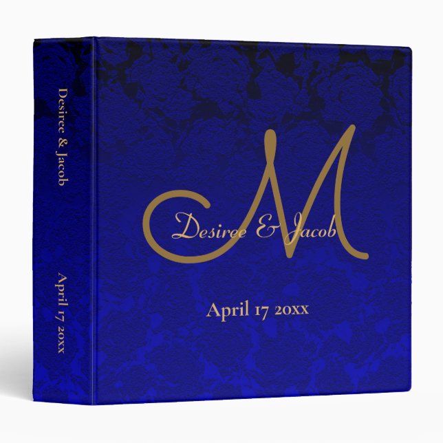 Elegant Navy Blue Gold Floral Modern Monogram 3 Ring Binder (Front/Spine)