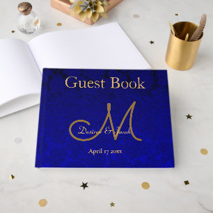 Elegant Navy Blue Gold Floral Modern Monogram Guest Book
