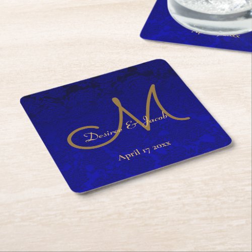 Elegant Navy Blue Gold Floral Modern Monogram Square Paper Coaster