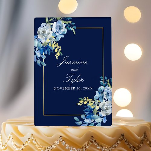 Elegant Navy Blue Gold Floral Modern Wedding Cake Topper