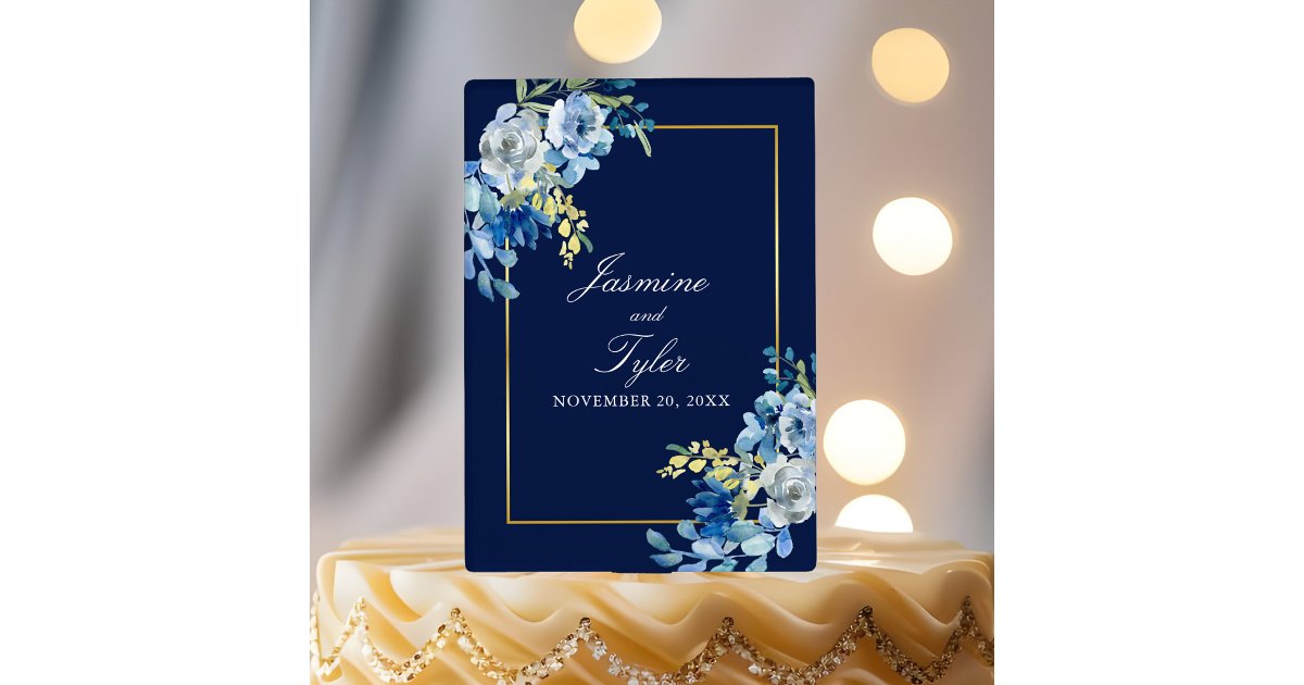 Elegant Navy Blue Gold Floral Modern Wedding Cake Topper | Zazzle