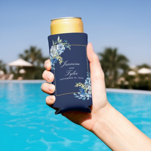 Elegant Navy Blue Gold Floral Modern Wedding Seltzer Can Cooler