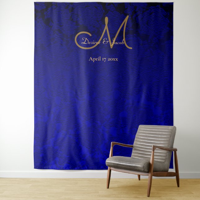 Elegant Navy Blue Gold Floral Monogram Backdrop (In Situ)