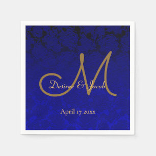 Elegant Navy Blue Gold Floral Monogram Napkins