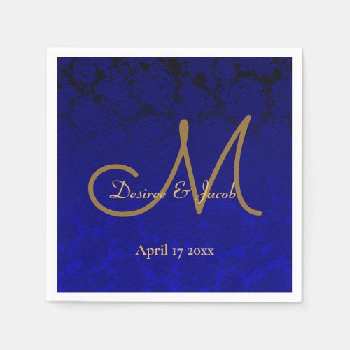 Elegant Navy Blue Gold Floral Monogram Napkins