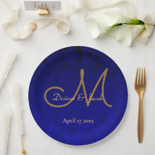 Elegant Navy Blue Gold Floral Monogram Paper Plates