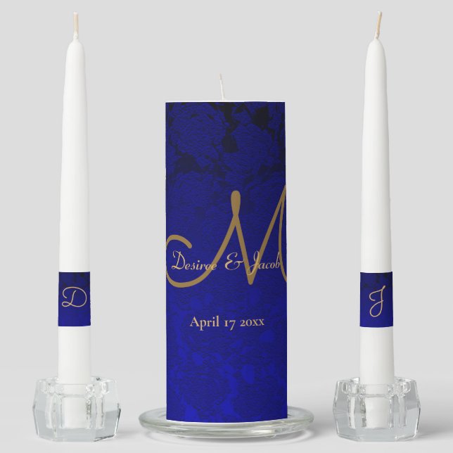 Elegant Navy Blue Gold Floral Monogram Unity Candle Set (Front)