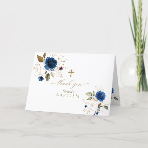 Elegant Navy Blue Gold Floral Photo Boy Baptism Thank You Card