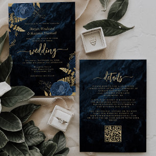 Elegant Navy Blue Gold Floral QR Code Wedding Invitation