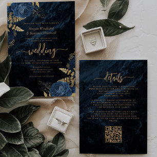 Elegant Navy Blue Gold Floral QR Code Wedding Invitation