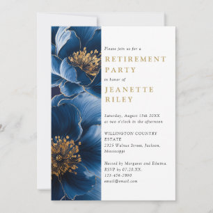 Elegant Navy Blue Gold Floral Retirement Party Invitation