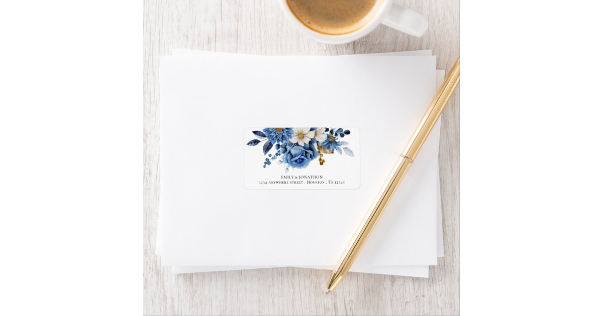 Elegant Navy Blue Gold Floral Return Address Label | Zazzle