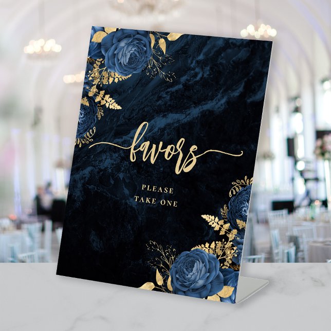 Elegant Navy Blue Gold Floral Wedding Favors Pedestal Sign (Creator Uploaded)