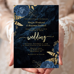 Elegant Navy Blue Gold Floral Wedding Foil Invitation