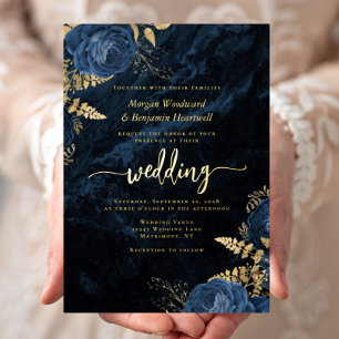 Elegant Navy Blue Gold Floral Wedding Foil Invitation
