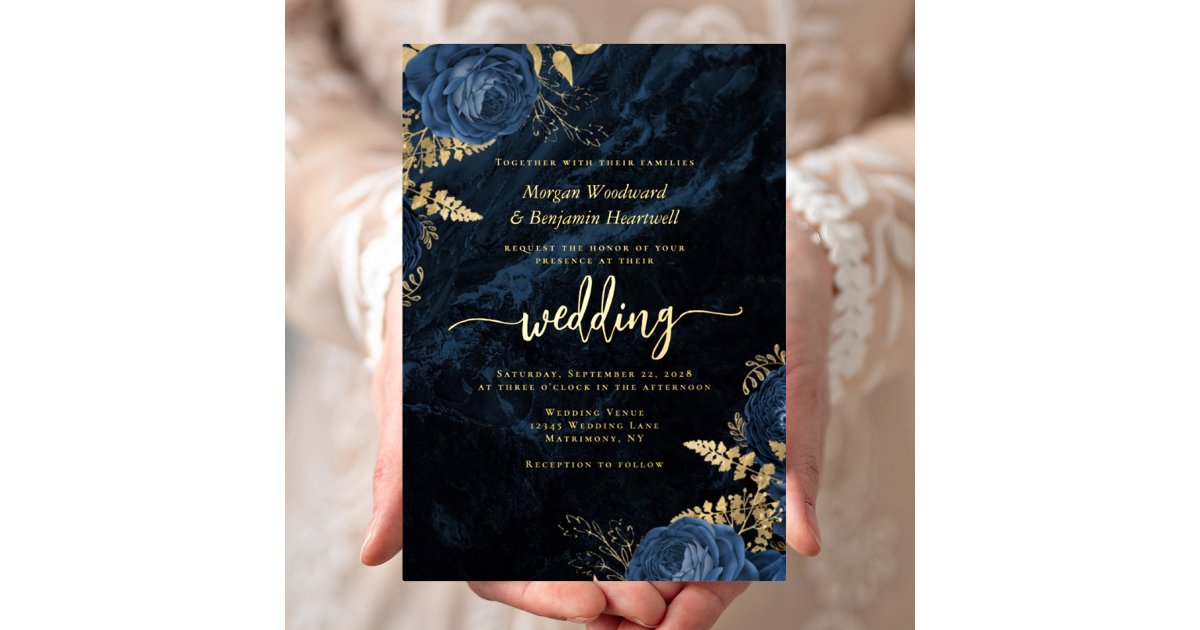 Elegant Navy Blue Gold Floral Wedding Foil Invitation | Zazzle