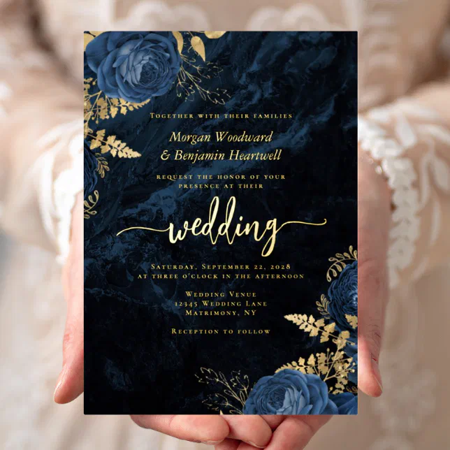 Elegant Navy Blue Gold Floral Wedding Foil Invitation | Zazzle