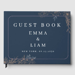 Elegant Navy Blue Gold Floral Wedding Guest Book