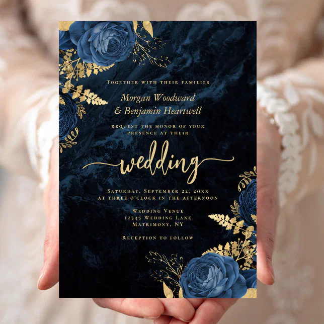 Elegant Navy Blue Gold Floral Wedding Invitation | Zazzle