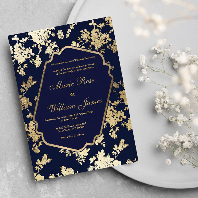 Elegant navy blue gold floral Wedding Invitation | Zazzle