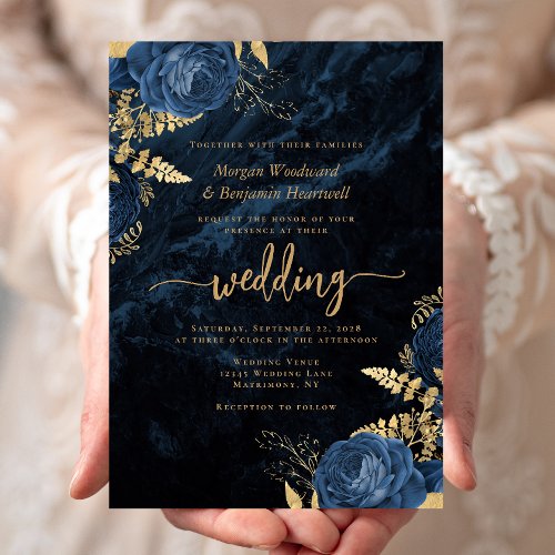 Elegant Navy Blue Gold Floral Wedding Invitation