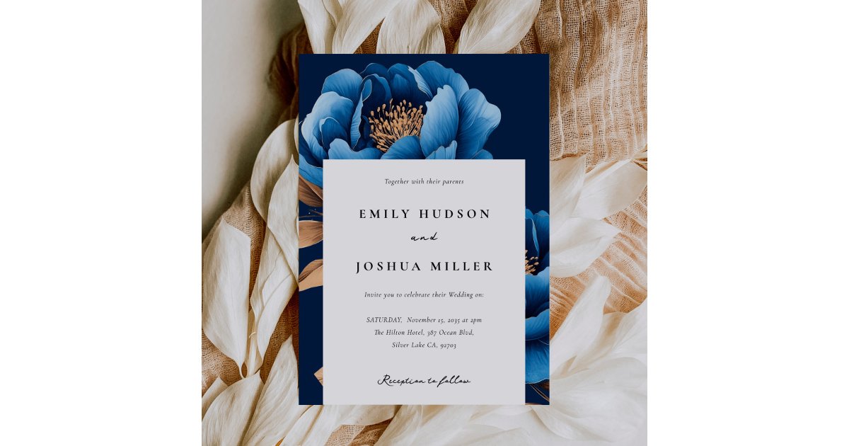 Elegant Navy Blue Gold Floral Wedding Invitation | Zazzle