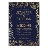 Elegant Navy Blue Gold Floral Wedding Invites