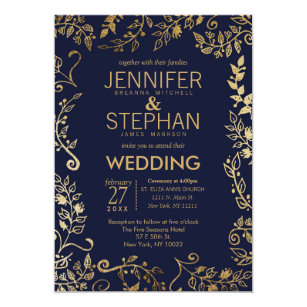 Navy And Gold Wedding Invitations Zazzle Elegant Navy Blue Gold Fl Wedding Invites
