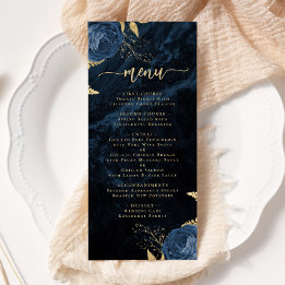 Elegant Navy Blue Gold Floral Wedding Menu