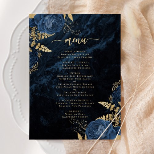 Elegant Navy Blue Gold Floral Wedding Menu Invitation