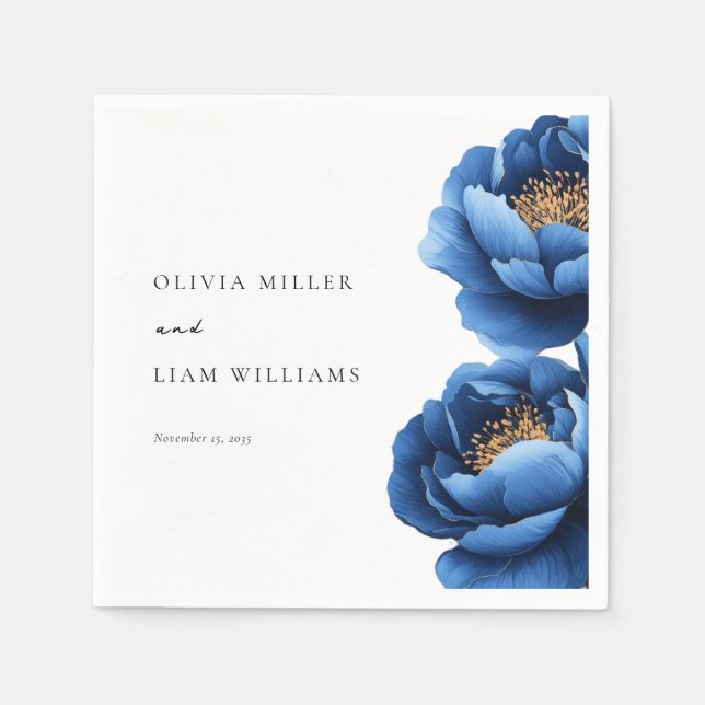 Elegant Navy Blue Gold Floral Wedding Napkins (Front)