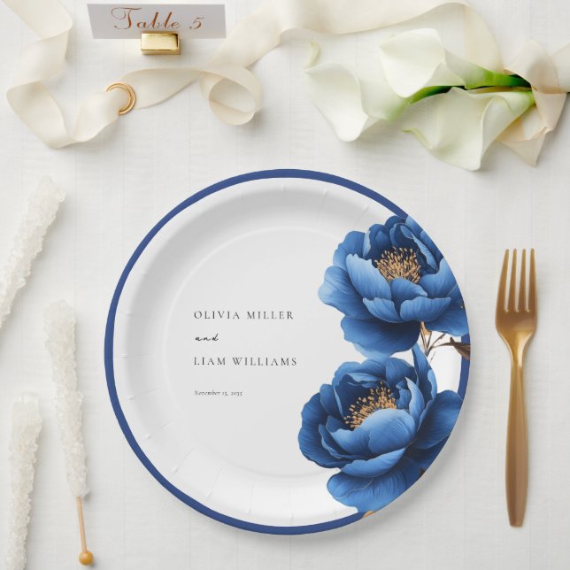 Elegant Navy Blue Gold Floral Wedding Paper Plates (Wedding)
