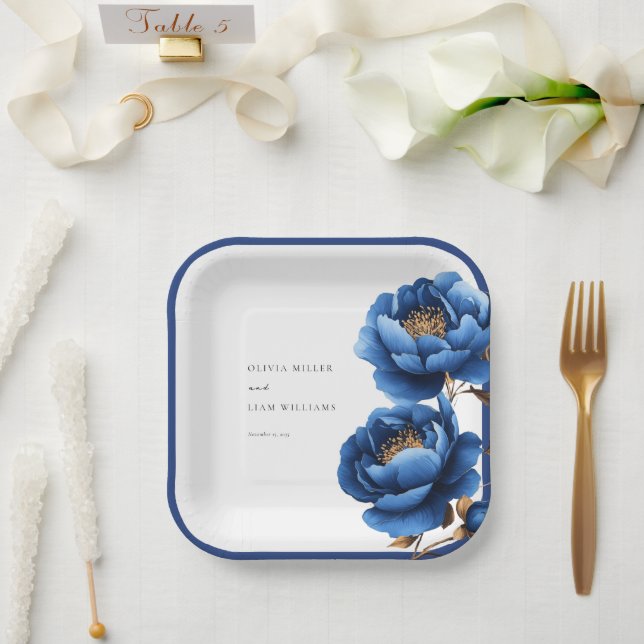 Elegant Navy Blue Gold Floral Wedding Paper Plates (Wedding)