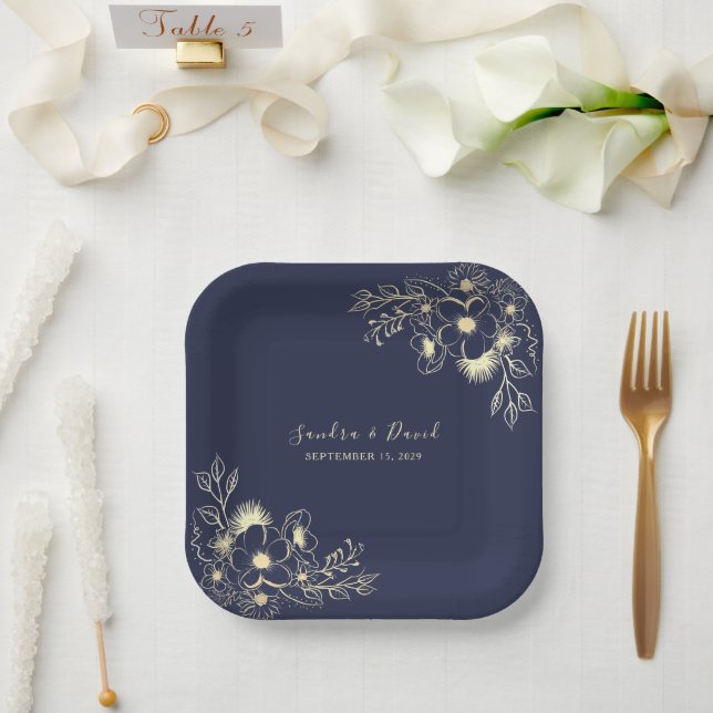 Elegant Navy Blue & Gold Floral Wedding  Paper Plates (Wedding)