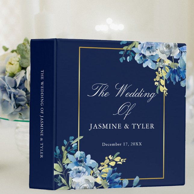 Elegant Navy Blue Gold Floral Wedding Photo Album 3 Ring Binder (Creator Uploaded)