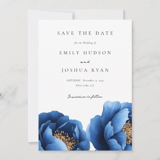 Elegant Navy Blue Gold Floral Wedding Save The Date (Front)
