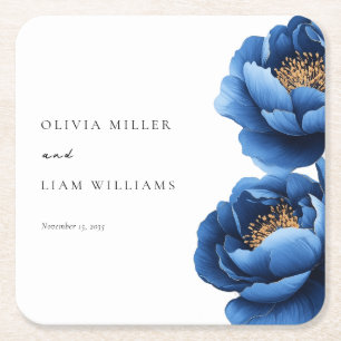 Elegant Navy Blue Gold Floral Wedding Square Paper Coaster