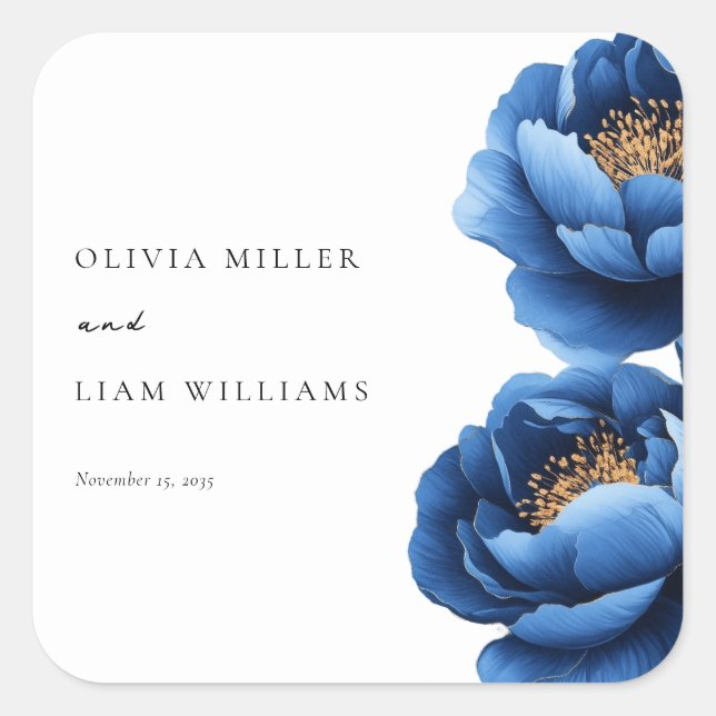 Elegant Navy Blue Gold Floral Wedding Square Sticker (Front)