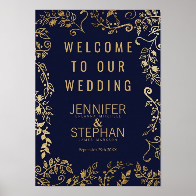 Elegant Navy Blue Gold Floral Welcome Poster (Front)
