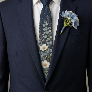 Elegant Navy Blue & Gold Floral Wildflower Men's Neck Tie