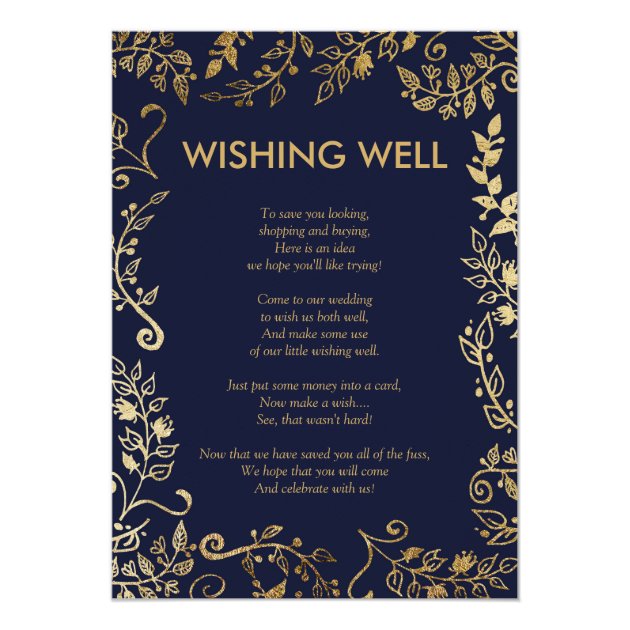 Elegant Navy Blue Gold Floral Wishing Well Card