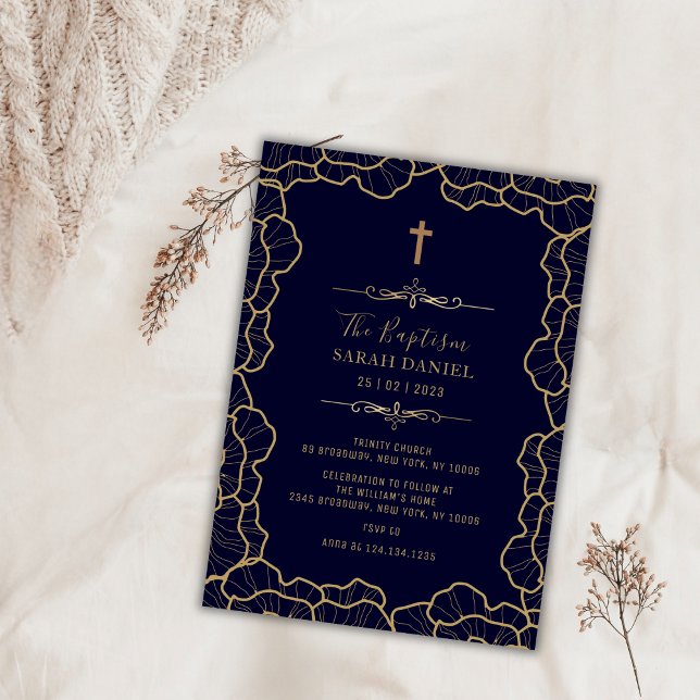 Elegant Navy Blue Gold Flower Cross Baptism Invitation (Elegant Navy Blue Gold Flower Cross Baptism Invitation)