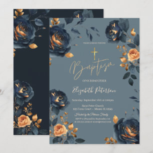 Elegant Navy Blue Gold Flowers Baptism Invitation