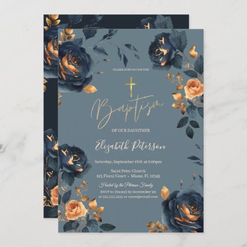 Elegant Navy Blue Gold Flowers Baptism  Invitation